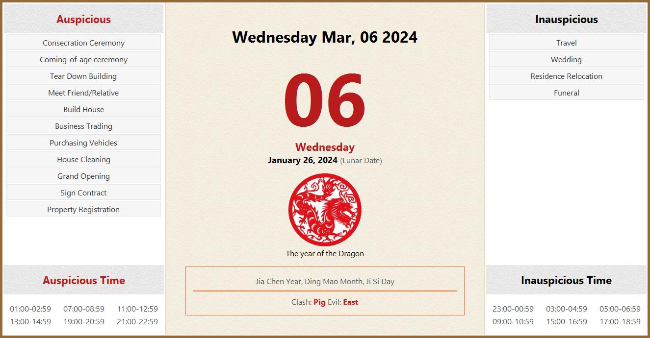 March 06, 2024 Almanac Calendar: Auspicious/Inauspicious Events and
