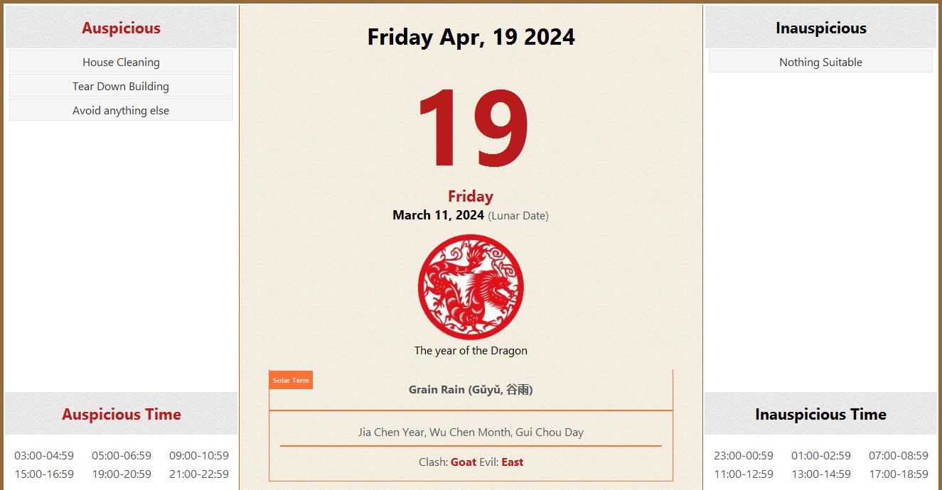 April 19, 2024 Almanac Calendar Auspicious/Inauspicious Events and