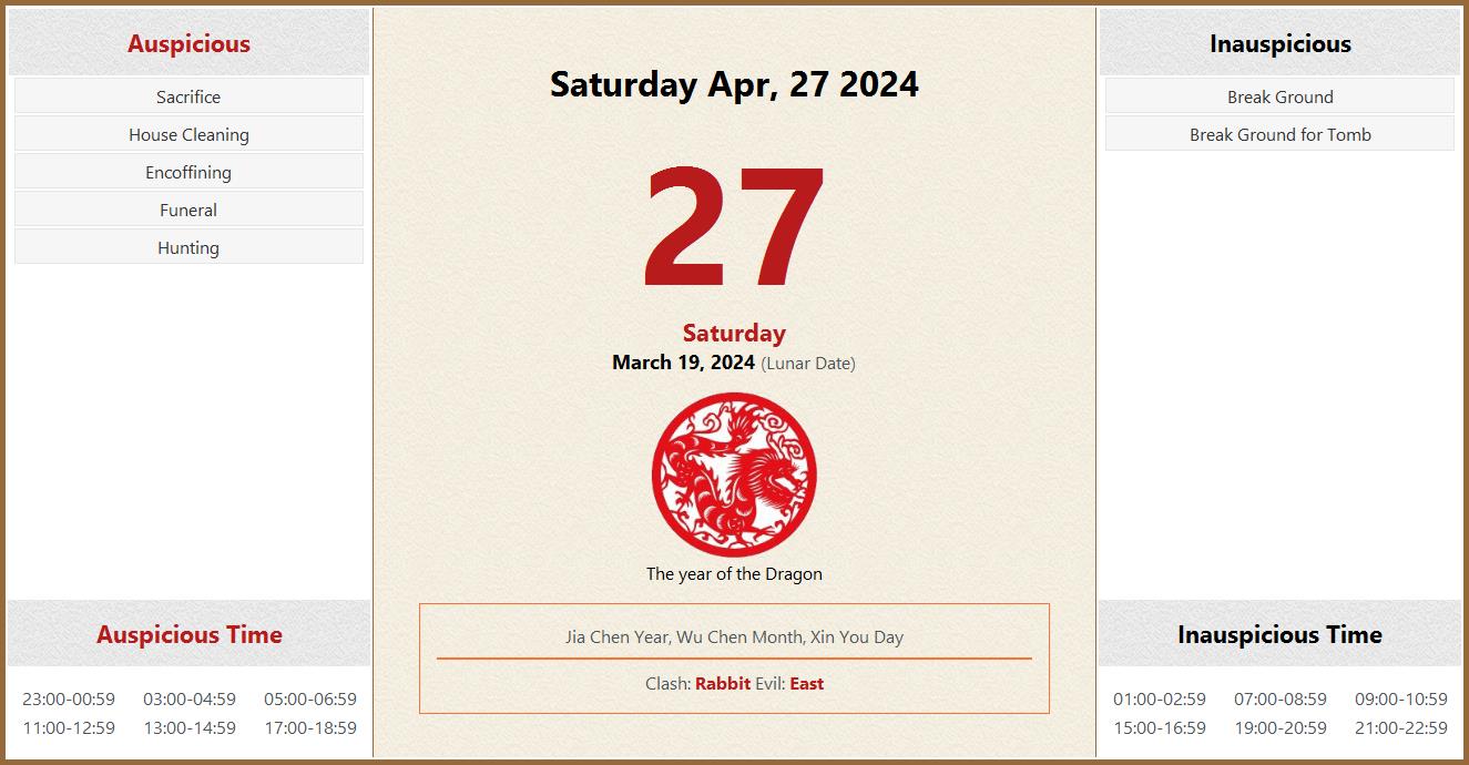 April 27, 2024 Almanac Calendar: Auspicious/Inauspicious Events and