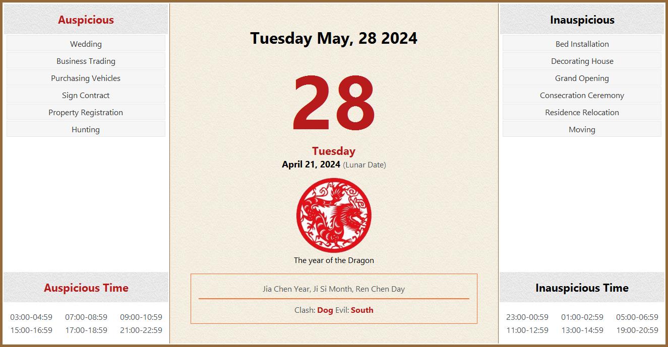 May 28, 2024 Almanac Calendar Auspicious/Inauspicious Events and Time