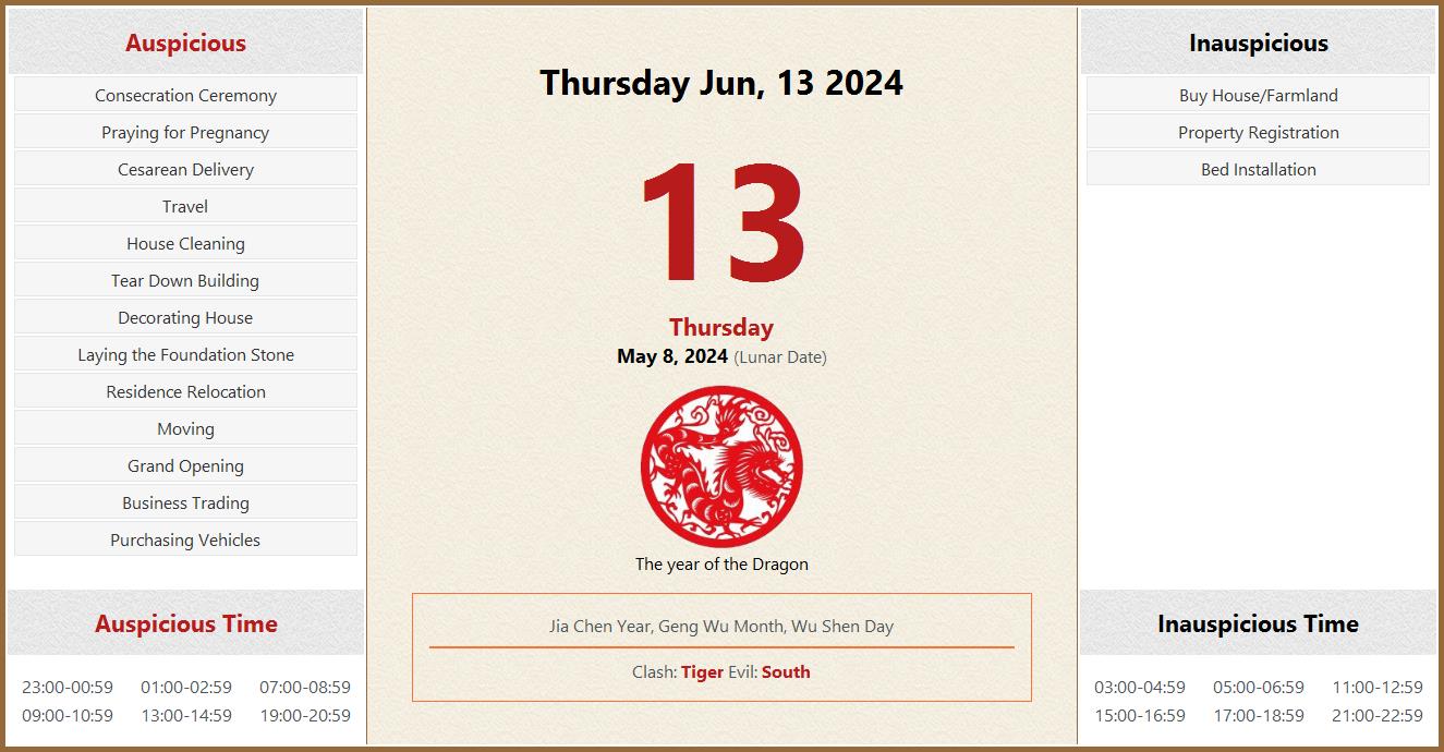 June 13, 2024 Almanac Calendar Auspicious/Inauspicious Events and Time