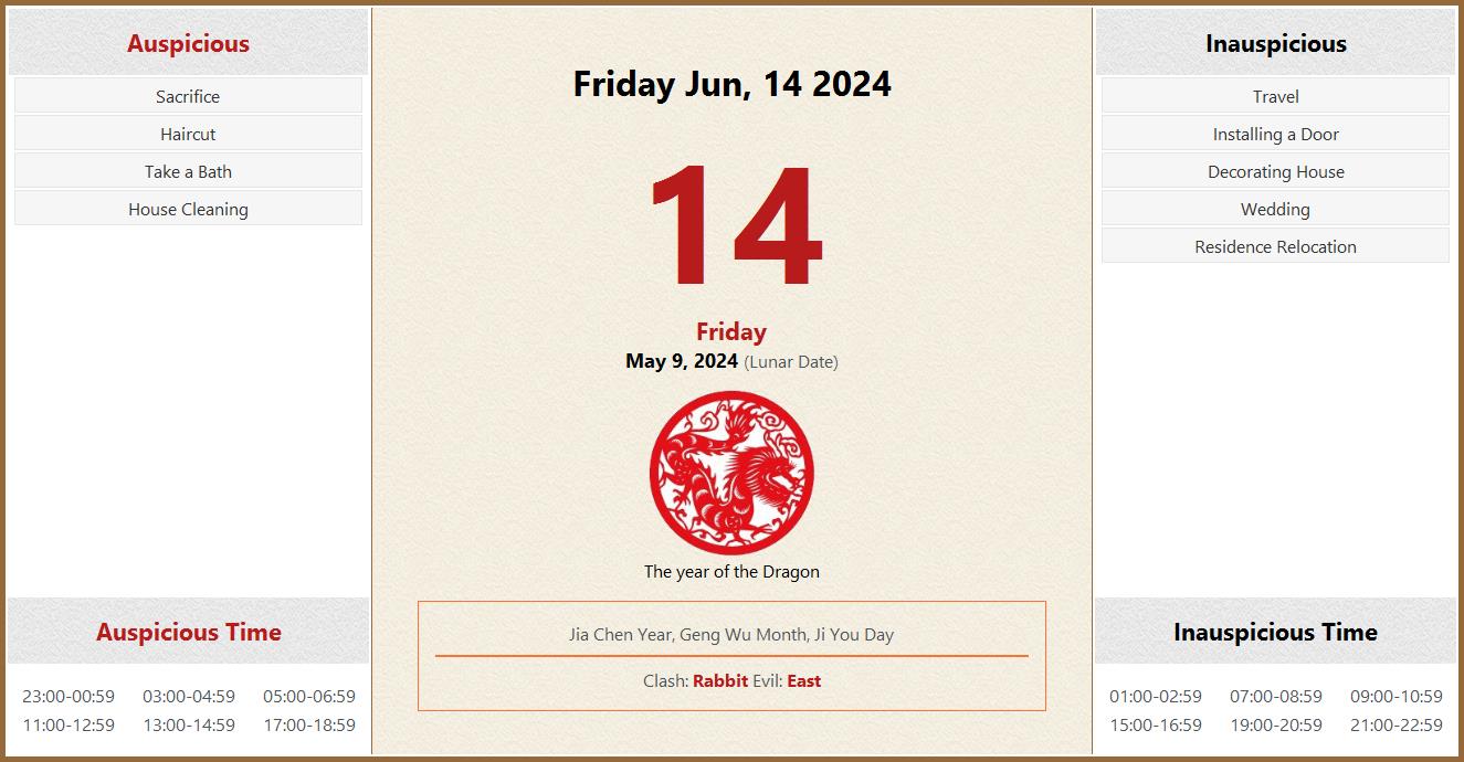 June 14 2024 Almanac Calendar Auspicious Inauspicious Events And Time 