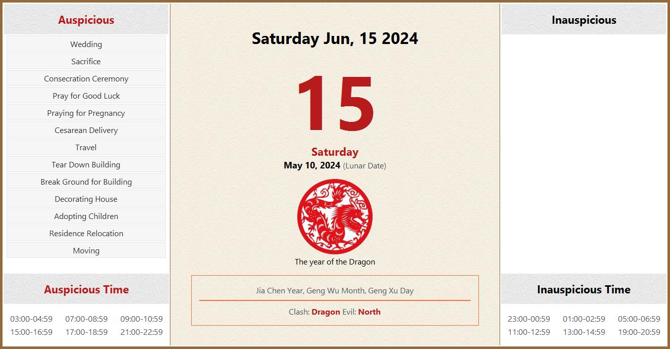 June 15, 2024 Almanac Calendar Auspicious/Inauspicious Events and Time