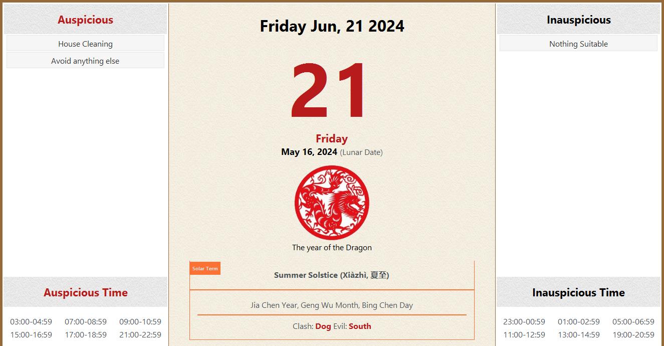 June 21, 2024 Almanac Calendar Auspicious/Inauspicious Events and Time