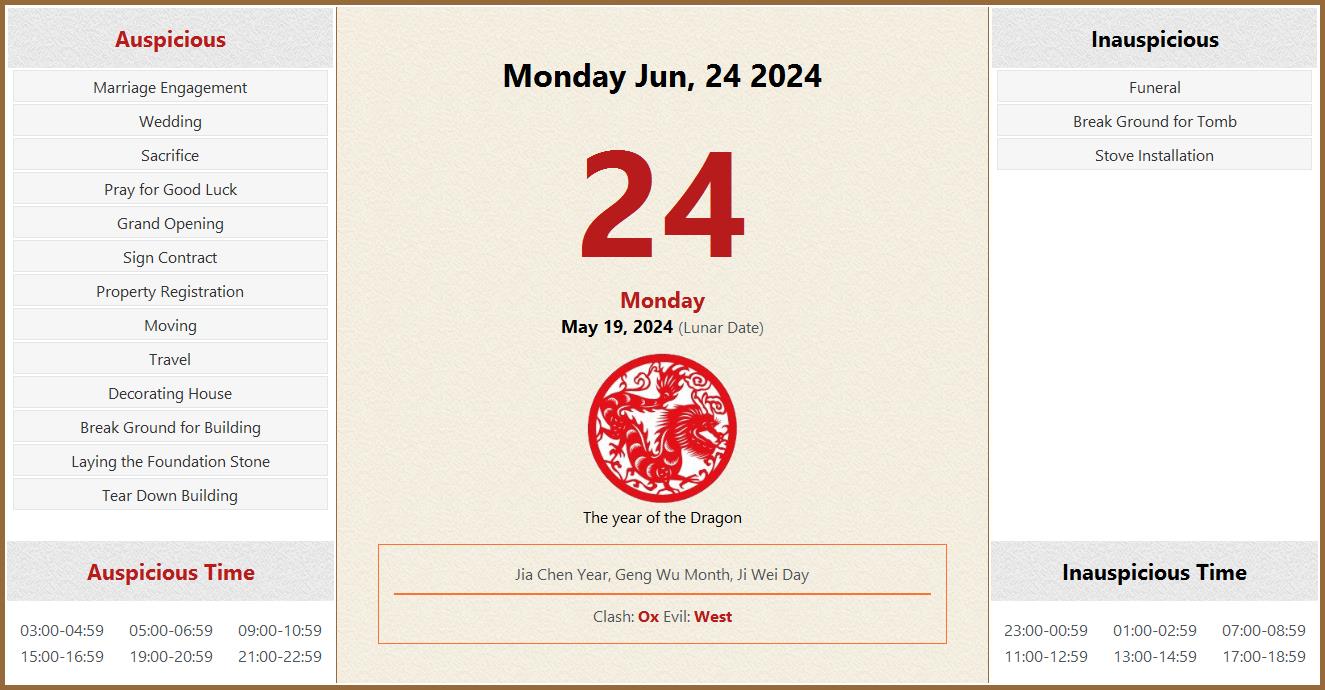 June 24, 2024 Almanac Calendar Auspicious/Inauspicious Events and Time