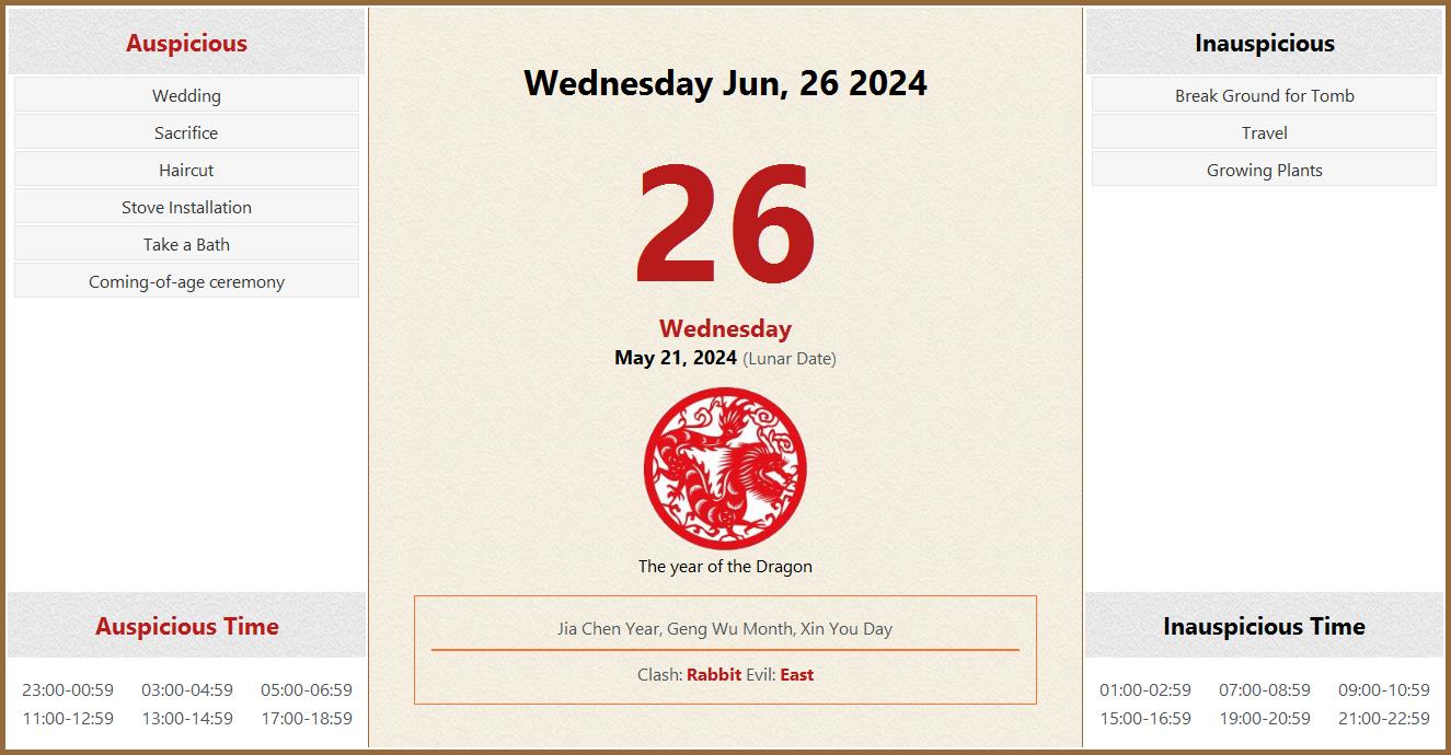 June 26, 2024 Almanac Calendar Auspicious/Inauspicious Events and Time