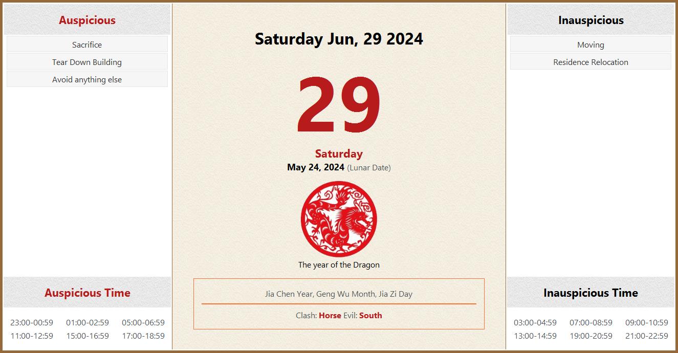 June 29, 2024 Almanac Calendar Auspicious/Inauspicious Events and Time