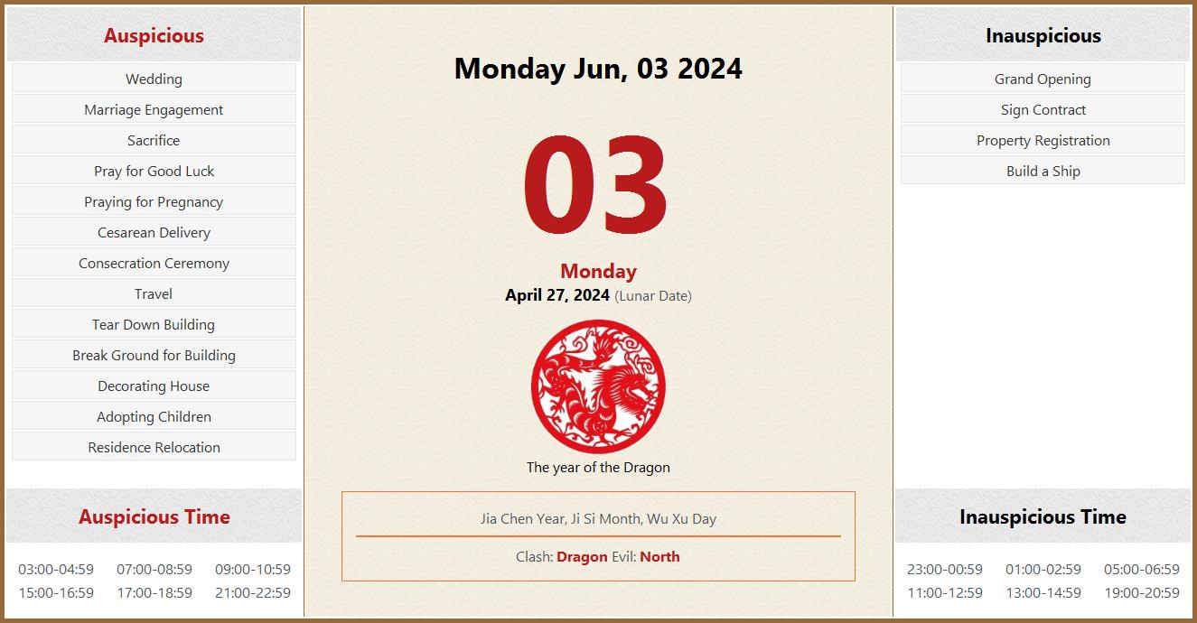 June 03, 2024 Almanac Calendar: Auspicious/Inauspicious Events and Time