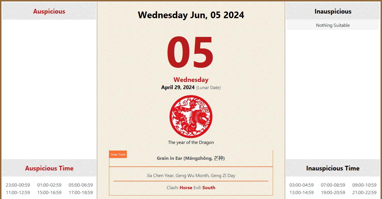 June 05, 2024 Almanac Calendar Auspicious/Inauspicious Events and Time