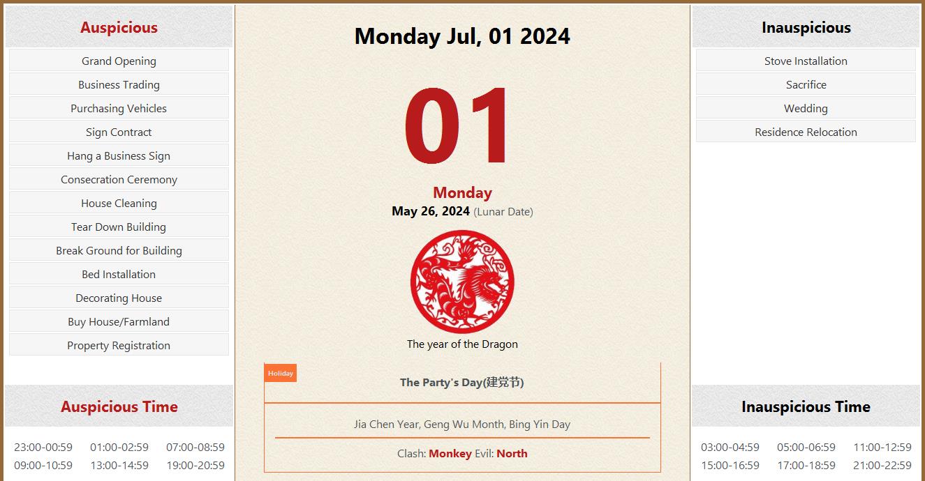 July 01, 2024 Almanac Calendar Auspicious/Inauspicious Events and Time