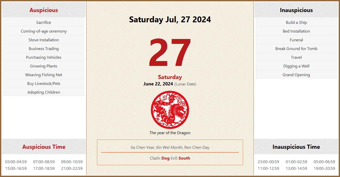 July 27, 2024 Almanac Calendar Auspicious/Inauspicious Events and Time