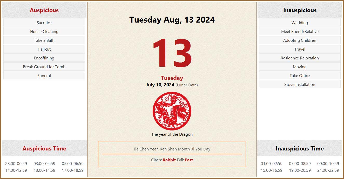 August 13, 2024 Almanac Calendar: Auspicious/Inauspicious Events and