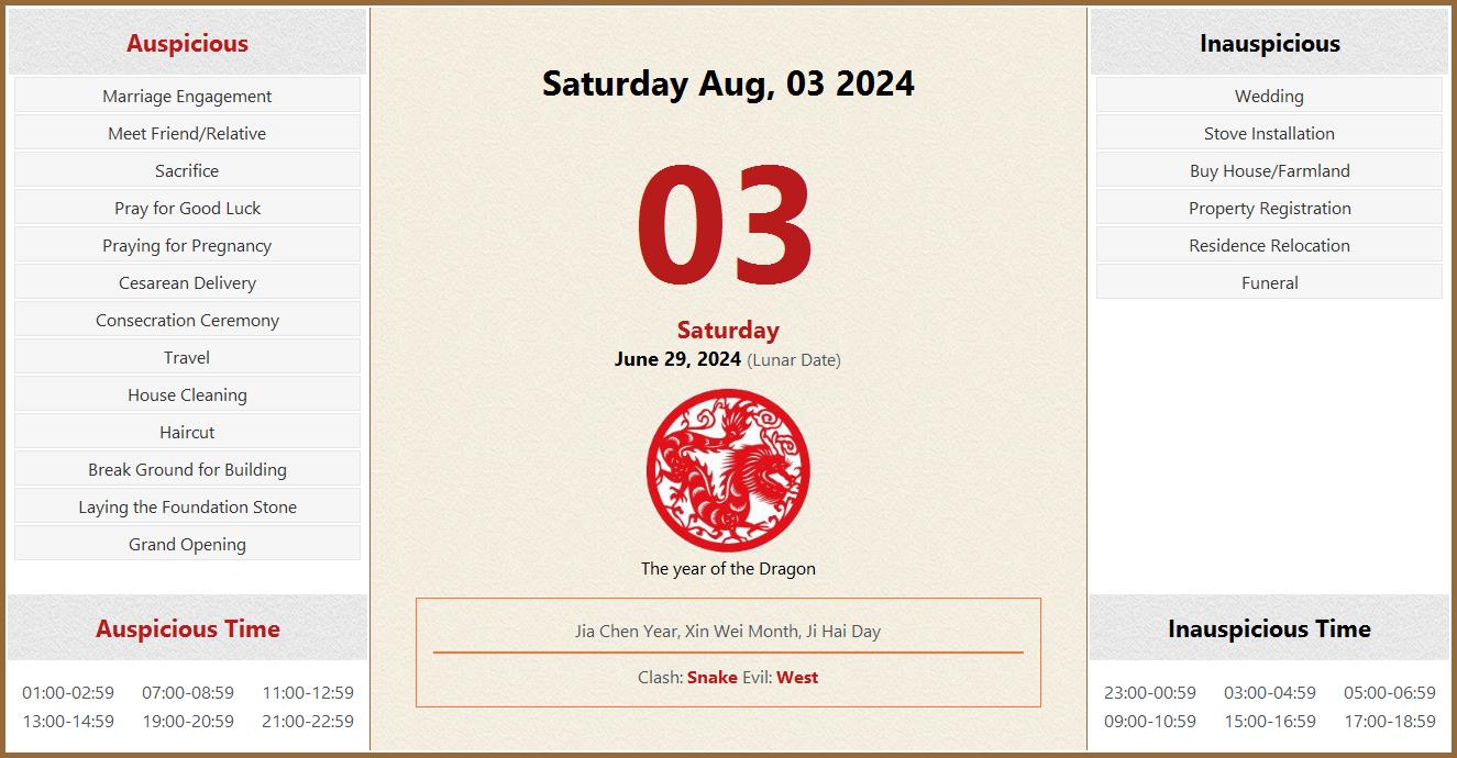 August 03, 2024 Almanac Calendar: Auspicious/Inauspicious Events and ...