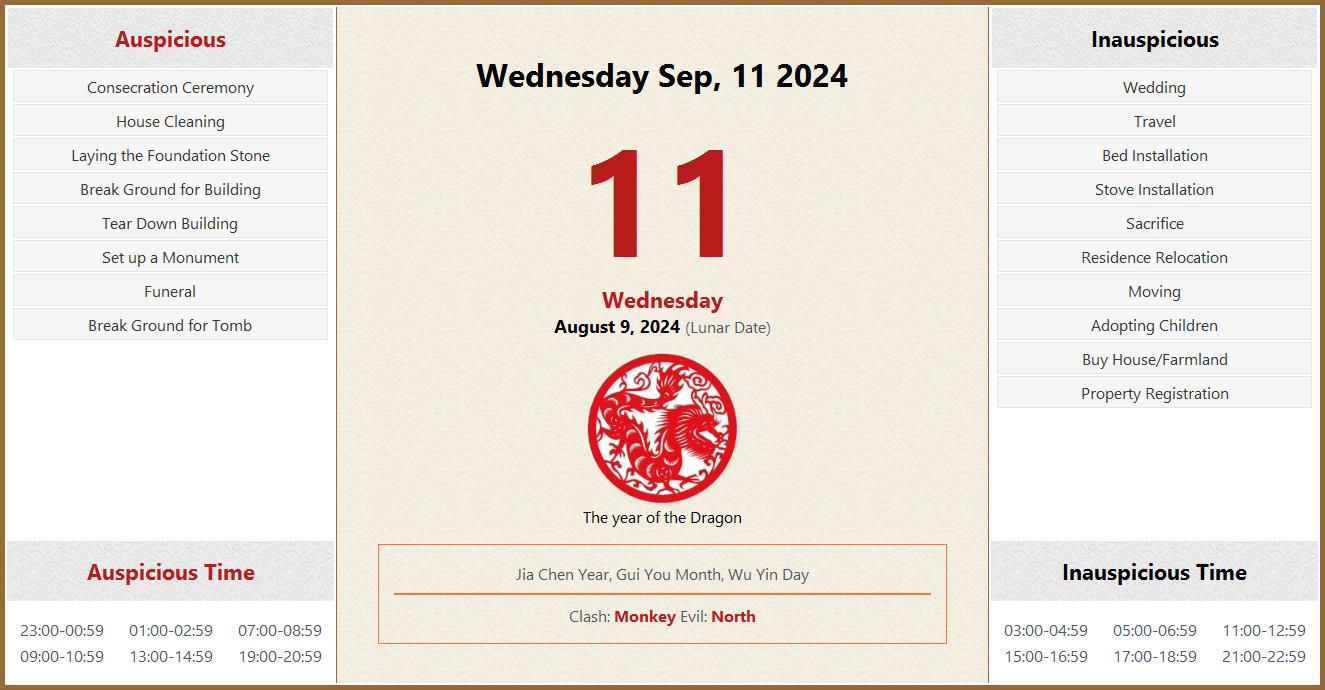 September 11, 2024 Almanac Calendar Auspicious/Inauspicious Events and