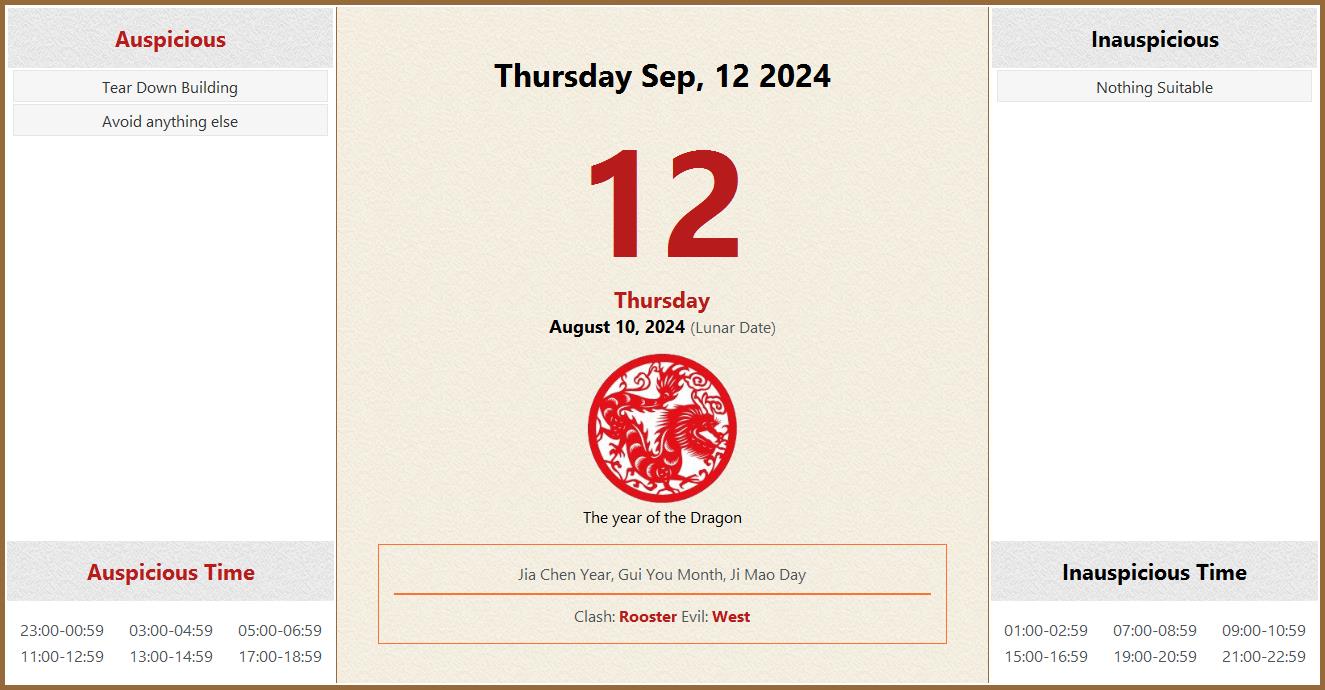 September 12, 2024 Almanac Calendar Auspicious/Inauspicious Events and