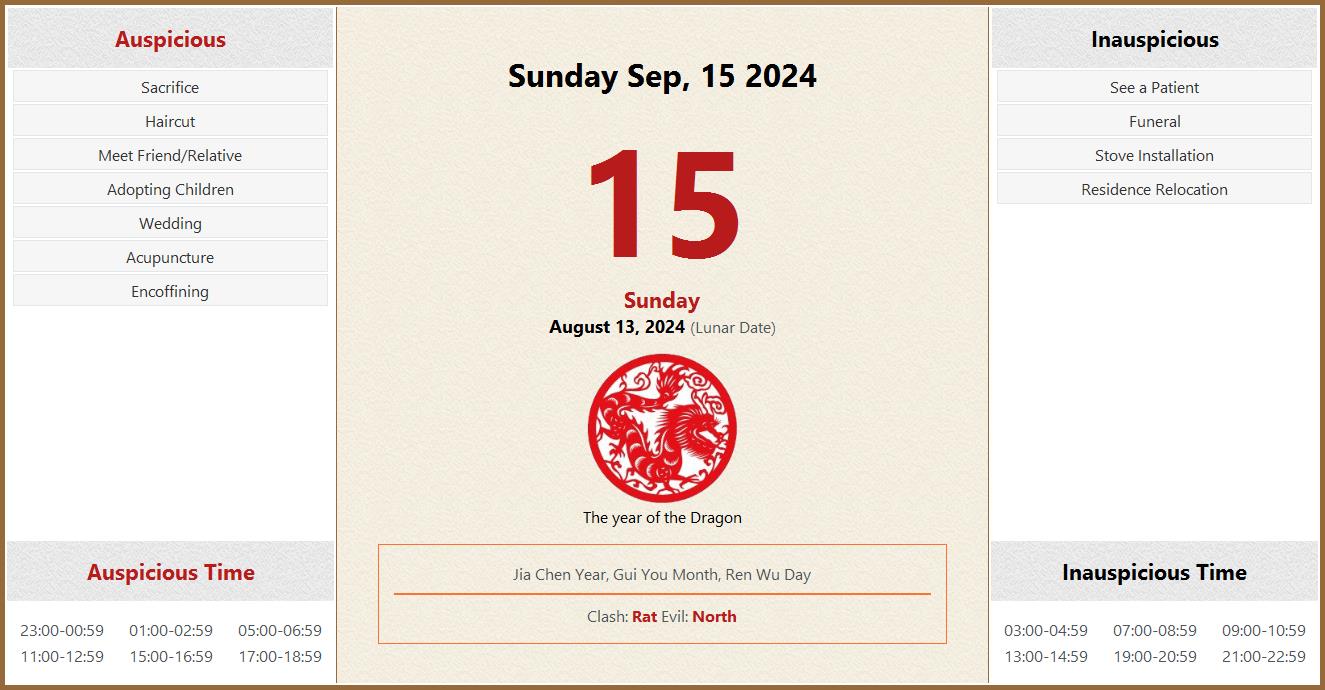 September 15, 2024 Almanac Calendar Auspicious/Inauspicious Events and