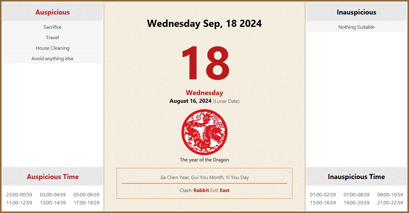 September 18, 2024 Almanac Calendar Auspicious/Inauspicious Events and