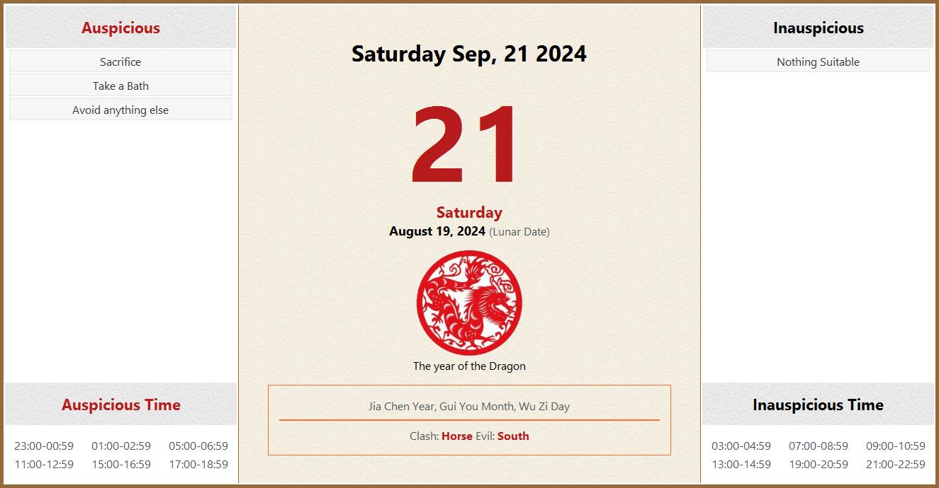 September 21, 2024 Almanac Calendar Auspicious/Inauspicious Events and