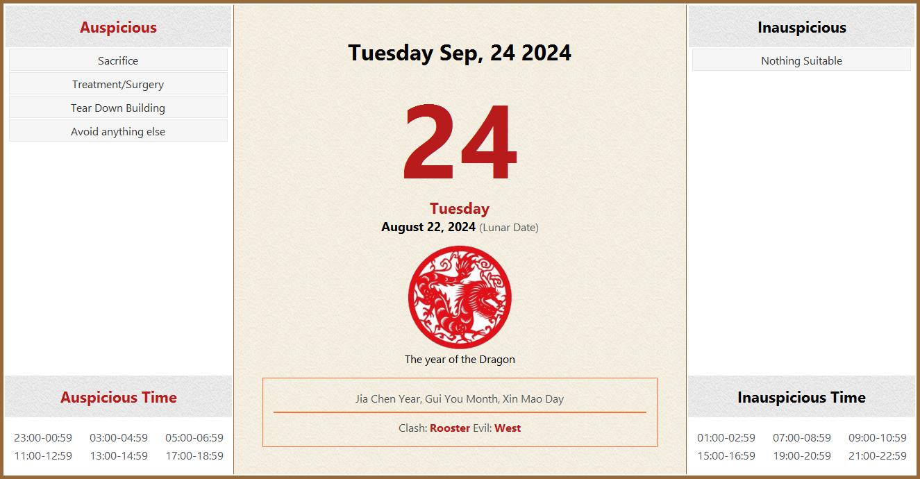 September 24, 2024 Almanac Calendar Auspicious/Inauspicious Events and