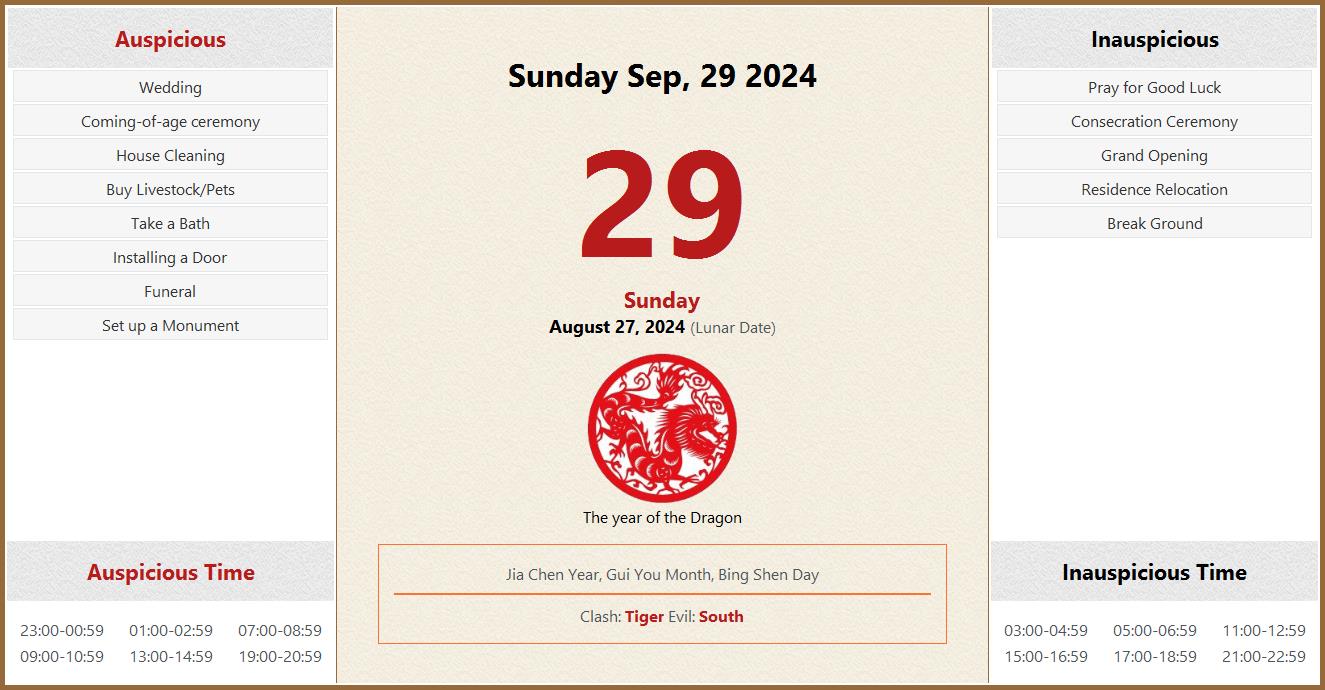 September 29, 2024 Almanac Calendar Auspicious/Inauspicious Events and