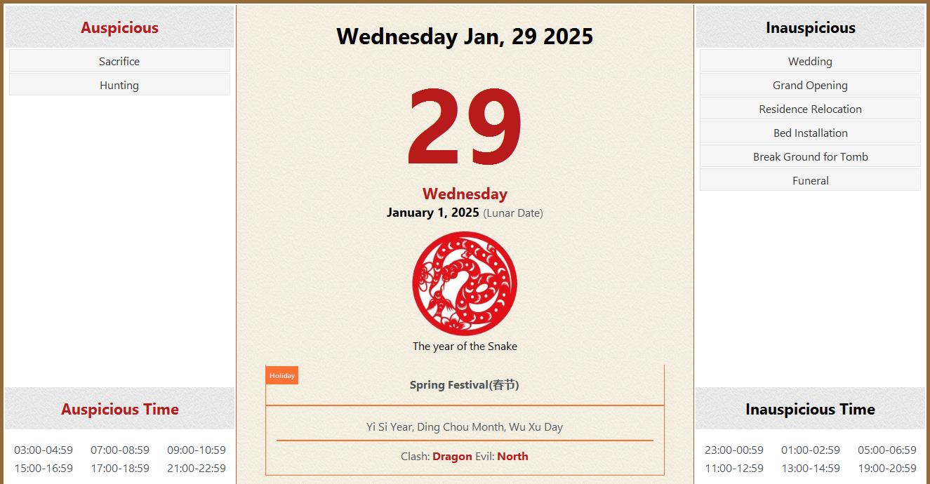 January 29, 2025 Almanac Calendar Auspicious/Inauspicious Events and