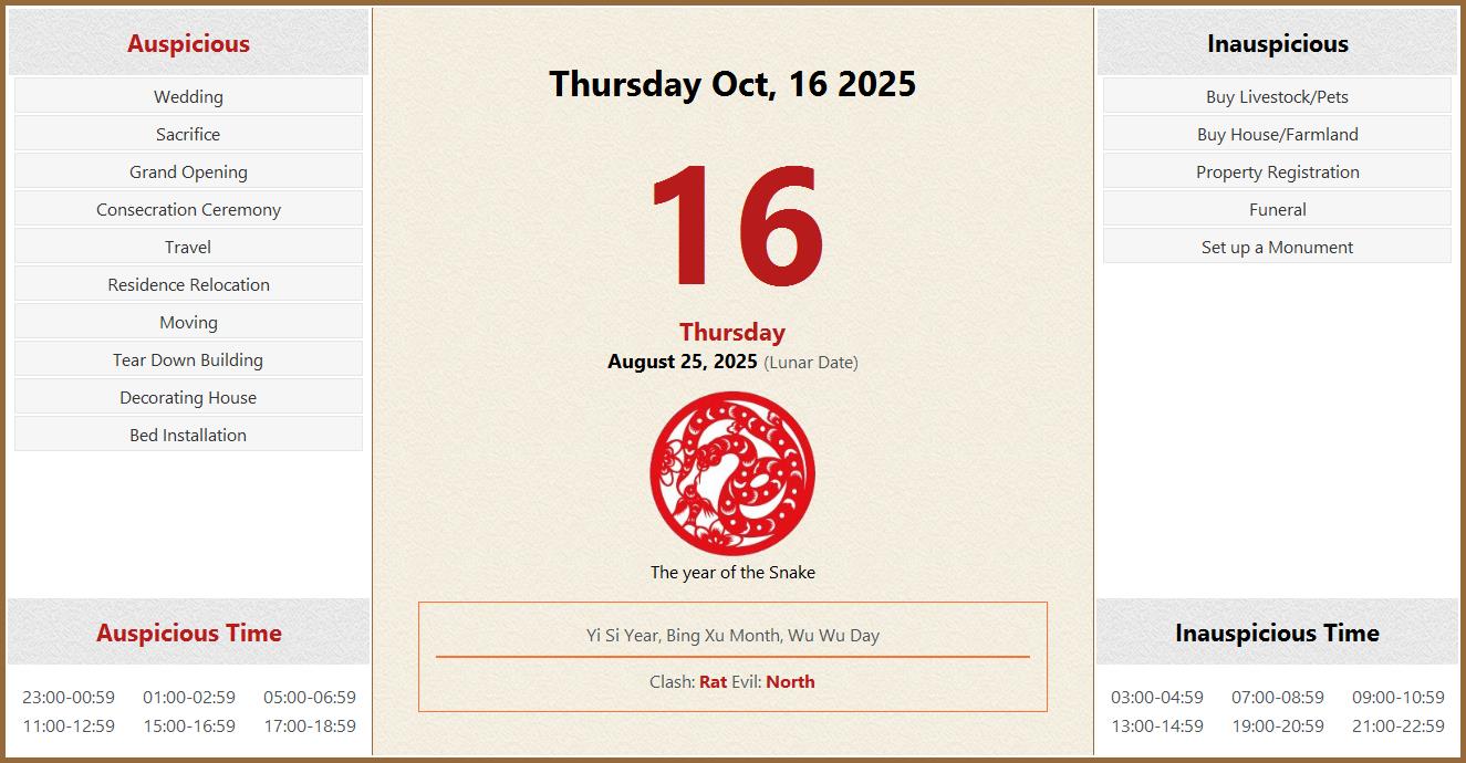 October 16, 2025 Almanac Calendar Auspicious/Inauspicious Events and