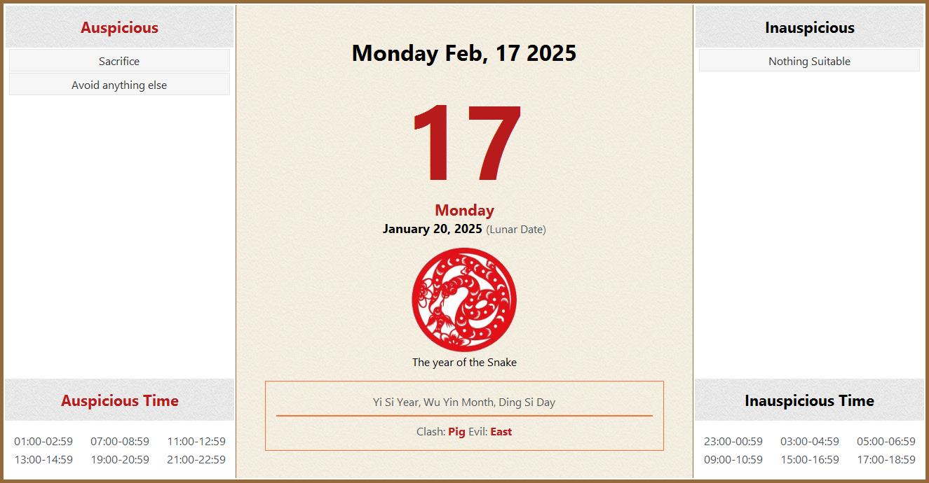 February 17, 2025 Almanac Calendar Auspicious/Inauspicious Events and