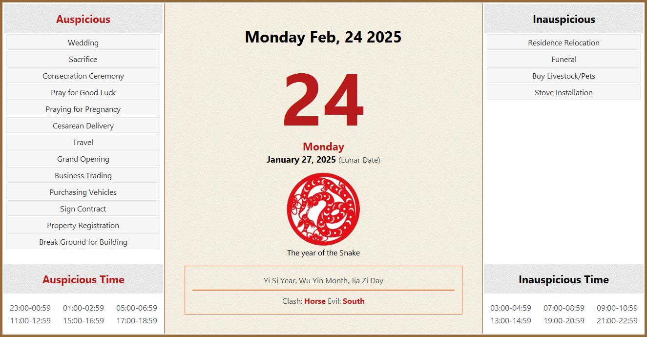 February 24, 2025 Almanac Calendar Auspicious/Inauspicious Events and