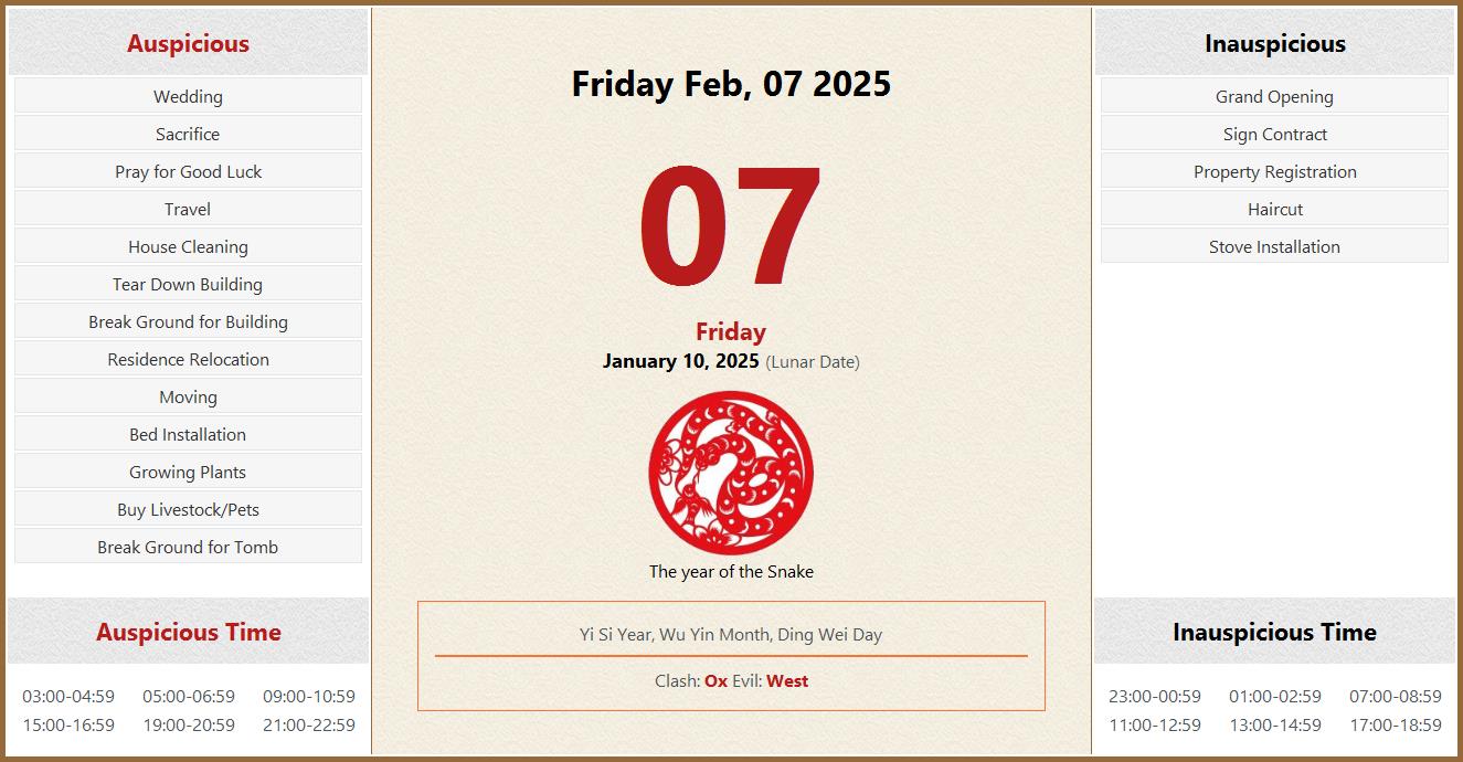 February 07, 2025 Almanac Calendar Auspicious/Inauspicious Events and