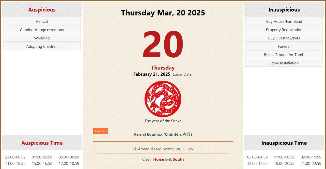 March 20, 2025 Almanac Calendar Auspicious/Inauspicious Events and