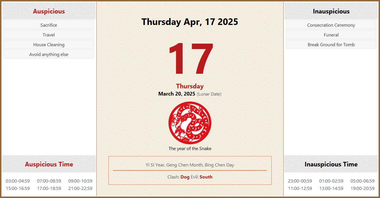 April 17, 2025 Almanac Calendar Auspicious/Inauspicious Events and