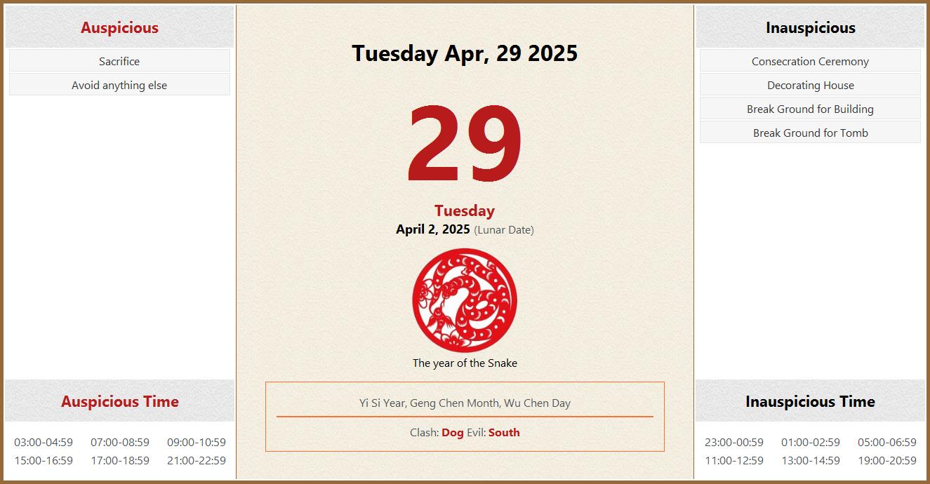 April 29, 2025 Almanac Calendar Auspicious/Inauspicious Events and