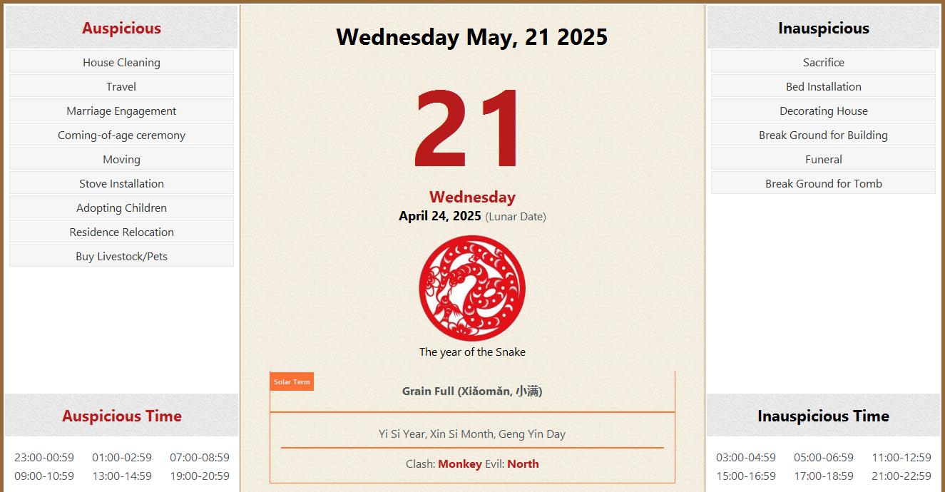 May 21, 2025 Almanac Calendar Auspicious/Inauspicious Events and Time