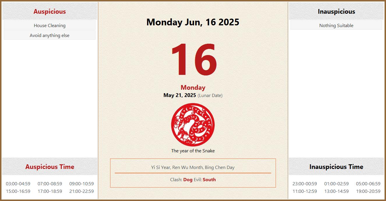 June 16, 2025 Almanac Calendar Auspicious/Inauspicious Events and Time