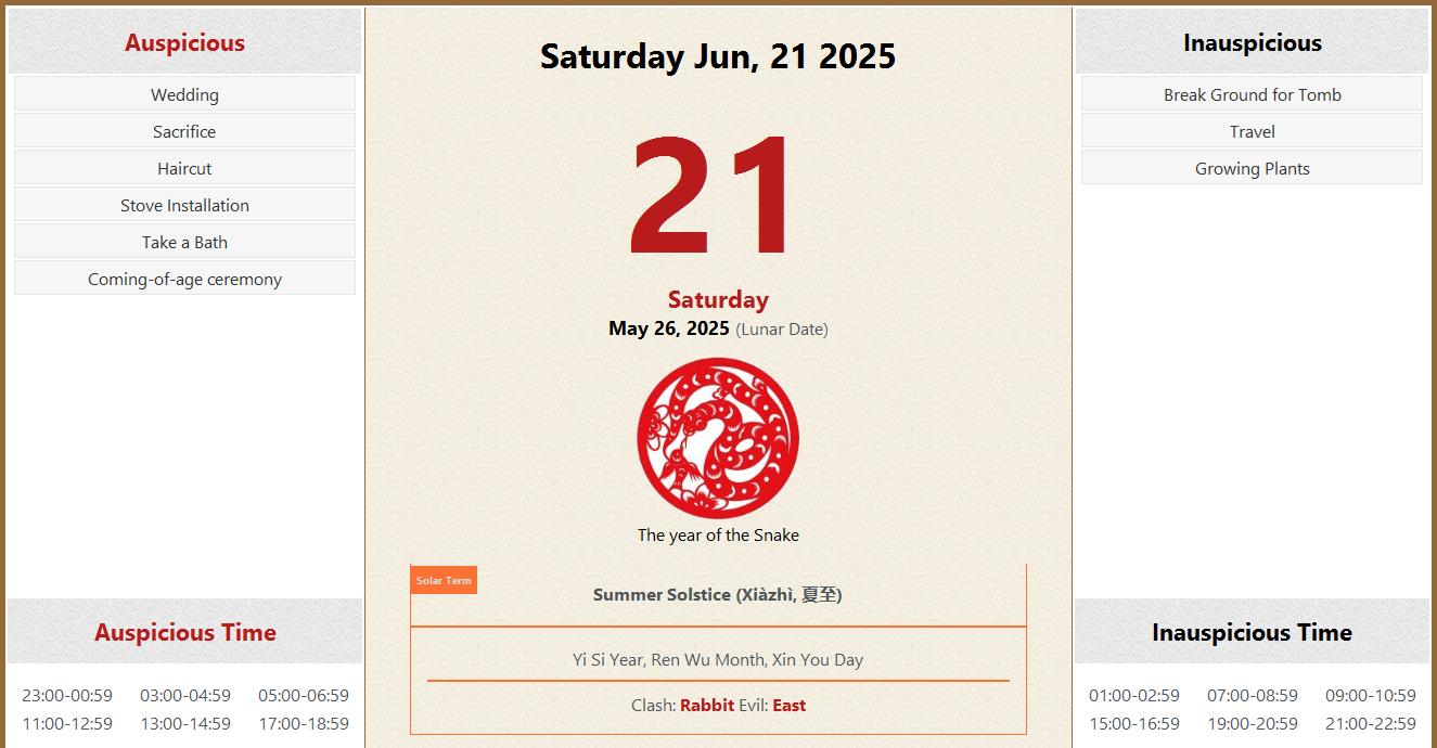 June 21, 2025 Almanac Calendar Auspicious/Inauspicious Events and Time