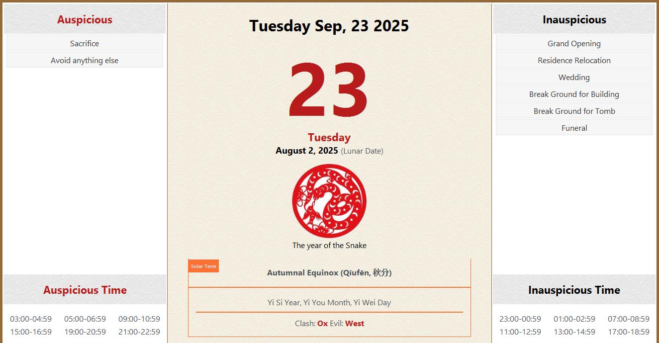 September 23, 2025 Almanac Calendar Auspicious/Inauspicious Events and