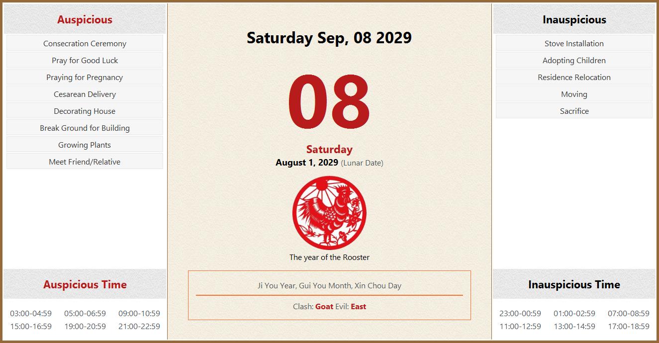 September 08, 2029 Almanac Calendar Auspicious/Inauspicious Events and